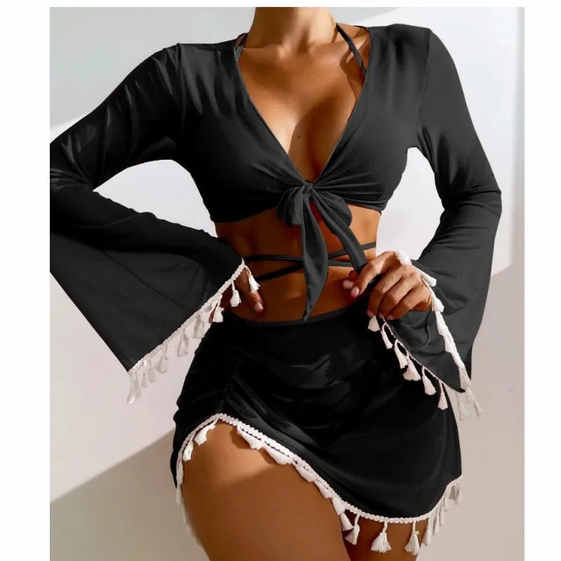 Sexy 4pcs Boho Tassels Trim Bikinis Sets Ladies Padded Bikini Set +cover Up Tops Skirts Beachwear Bathing Suit Biquini Monokini