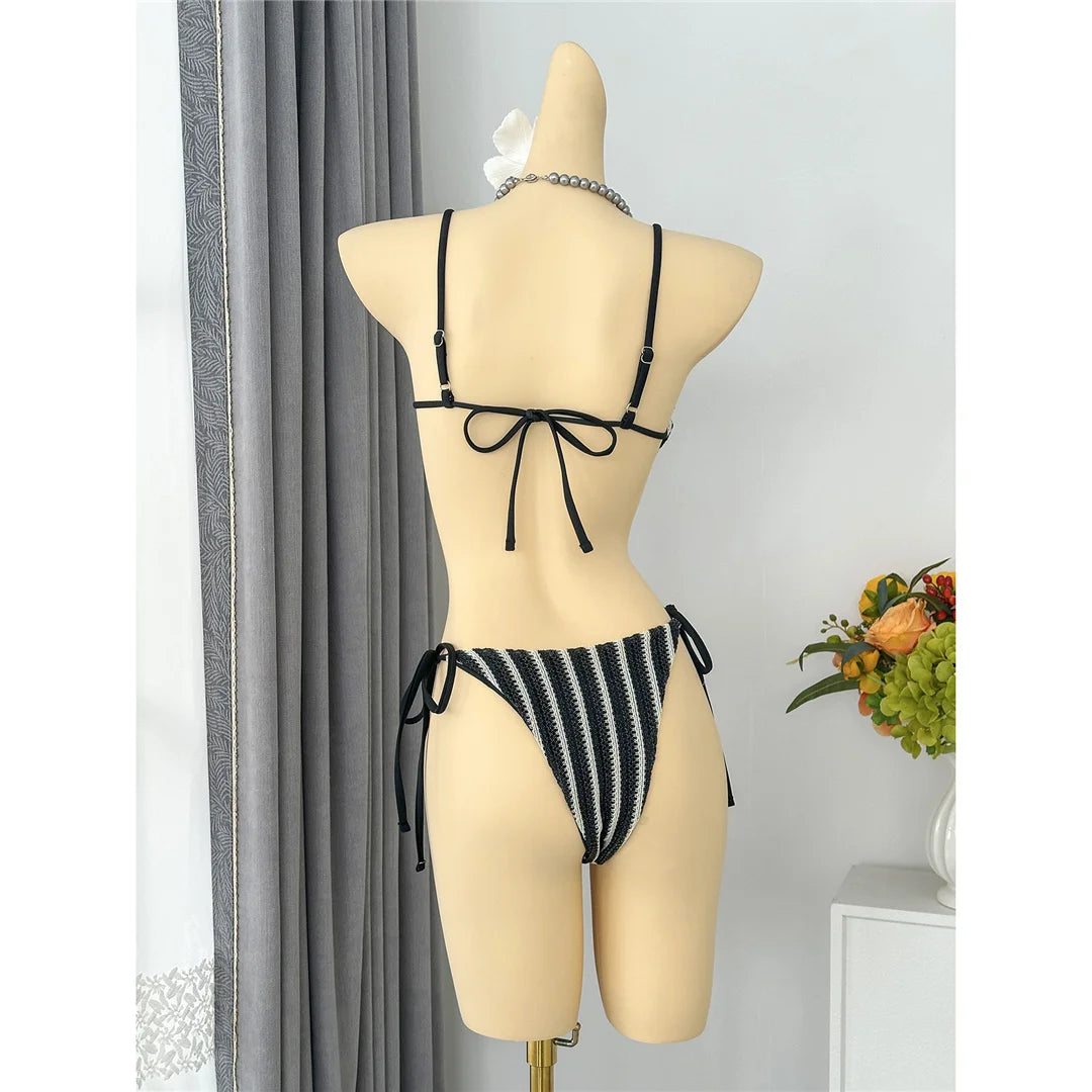2026 New Striped Bikini Women Swimwear Female Swimsuit High Cut Leg Padded Bather Bathing Suit Swim Two-pieces Bikini set K8071