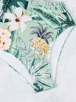 One Piece Swimsuit Women Vintage Green Floral Print Hollow Out Backless High Waist Bikini 2025 Bathing Suit Bandage Swimwear