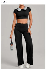 Women's Tracksuit Yoga Sets Back Hollow Out Short Sleeve Sports Shirts High Waist Straight Leg Pants Gym Running Fitness Suits