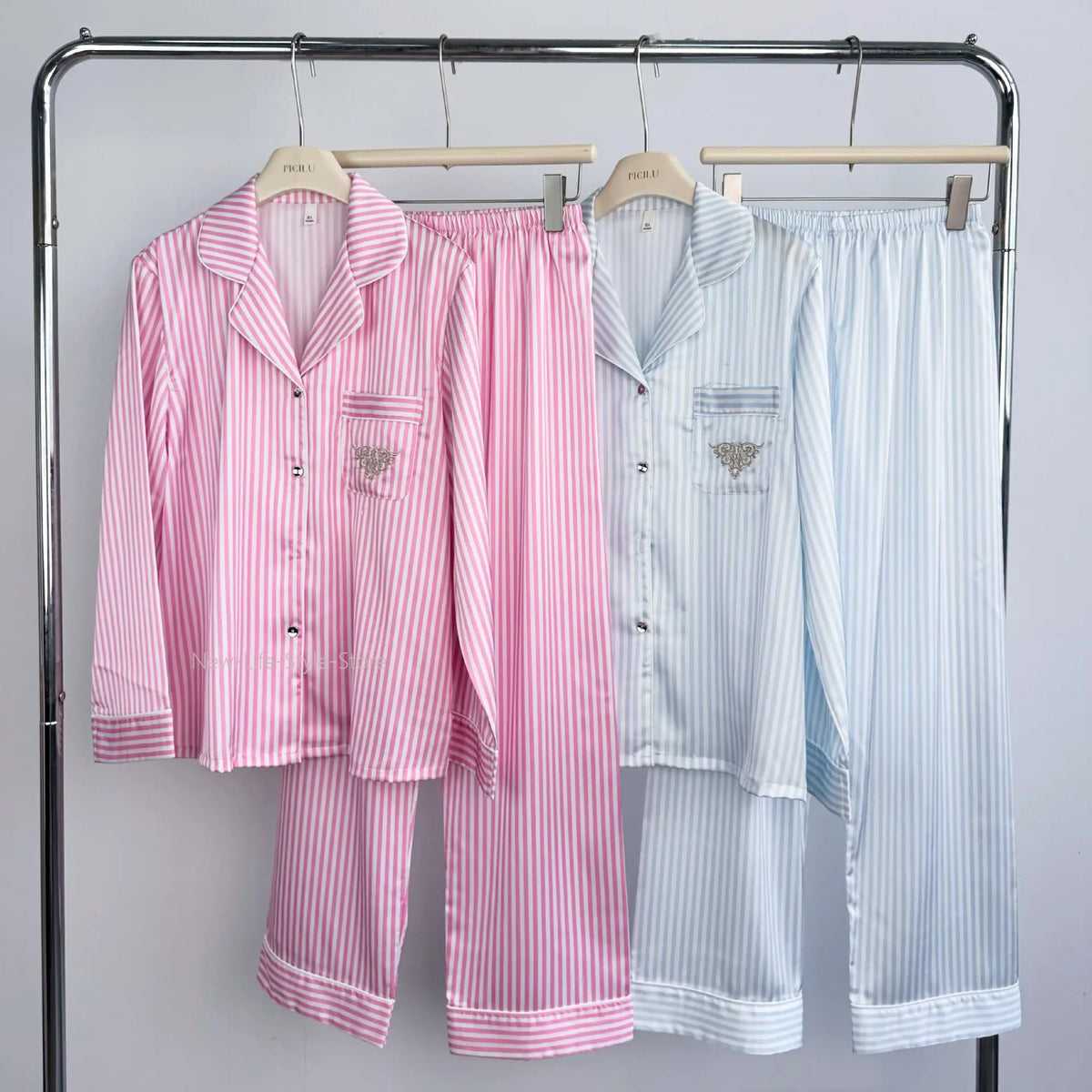 Women Ice Silk Striped Pajama Set Lapel Open Front Long Sleeve Top Long Pants Loose Pink White Light Blue Block Loungewear