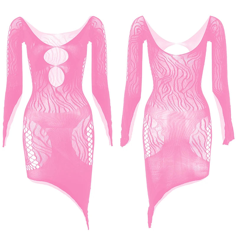1 Piece Beach Cover Up without Bikini Summer's Hottest Mesh Swimsuit Women Summer Pool Swimwear Long Sleeves Hollow Out Dress