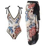 Sexy One-piece Swimsuit with Skirt Swimwear Women Flower Bird Print Body Bathing Suit Beach Swim Pool 2024 Female Swimming Suit