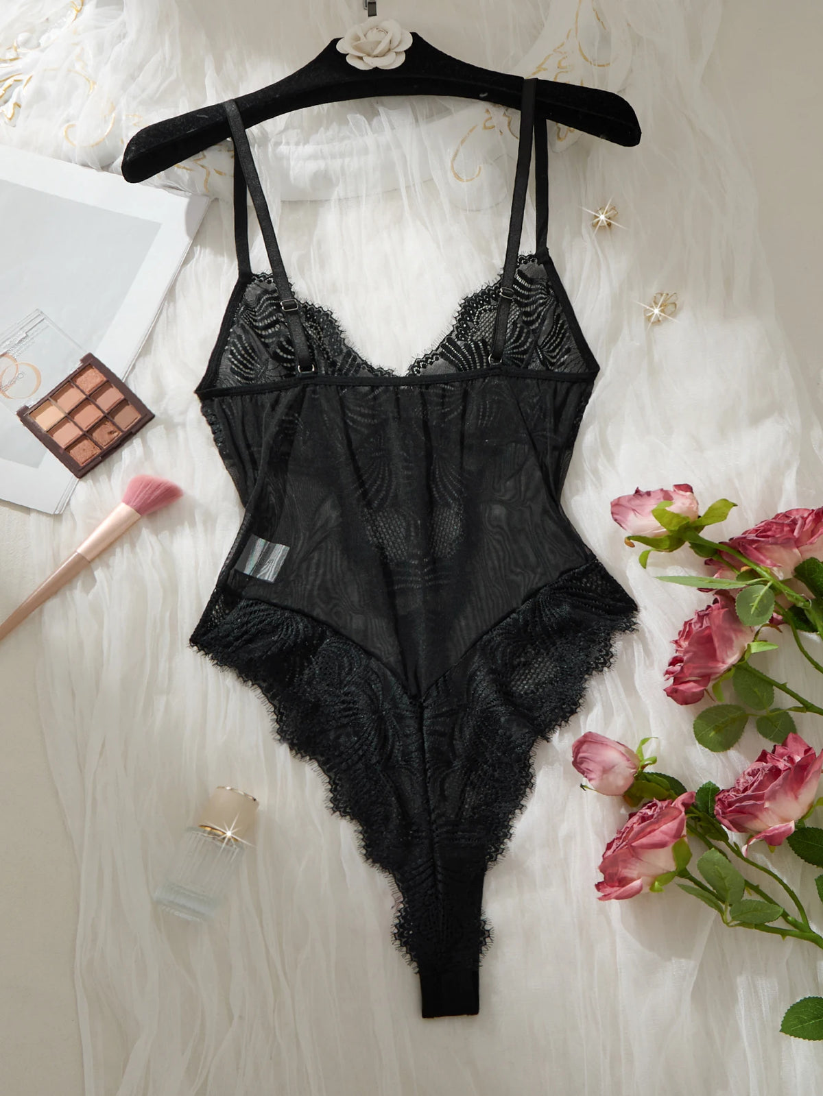 Black Sheer Mesh Teddy Bodysuit Women Floral Lace V Neck Ruffle Trim One Piece Lingerie Intimate Body Suit Sleepwear ZA825256