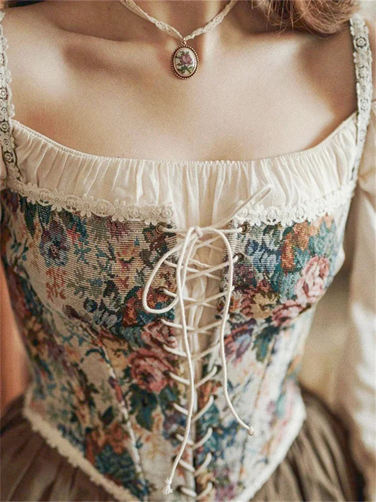 Women Retro Jacquard Corset Lace Floral Trim Bandage Bustier Crop Tops Boat Neck Irregular Camisole Tank Tops Female