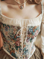 Women Retro Jacquard Corset Lace Floral Trim Bandage Bustier Crop Tops Boat Neck Irregular Camisole Tank Tops Female