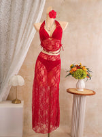 DEKA Holiday Red Solid Lace Bikini Set Women Mesh Cover Up +long Skirt 3 Piece Swimsuit Summer Bathing Suit Swimwear Biqui