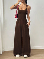 Women's Casual Solid Color Pleating Loose Straight Jumpsuit A-line Backless Halter Neck Slim Cami Jumpsuit Streetwear 2025