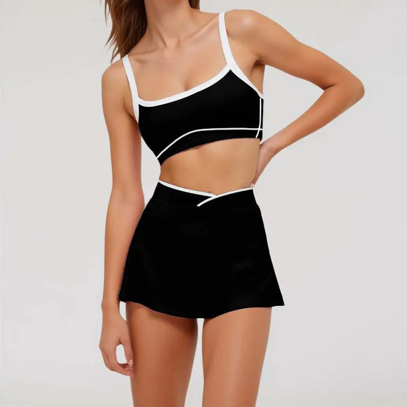2 Pieces Women's Nude Yoga Set Bra Skirt Tracksuit Running Fitness Sports Set Slim Fit High Waist Beautiful Back Suit