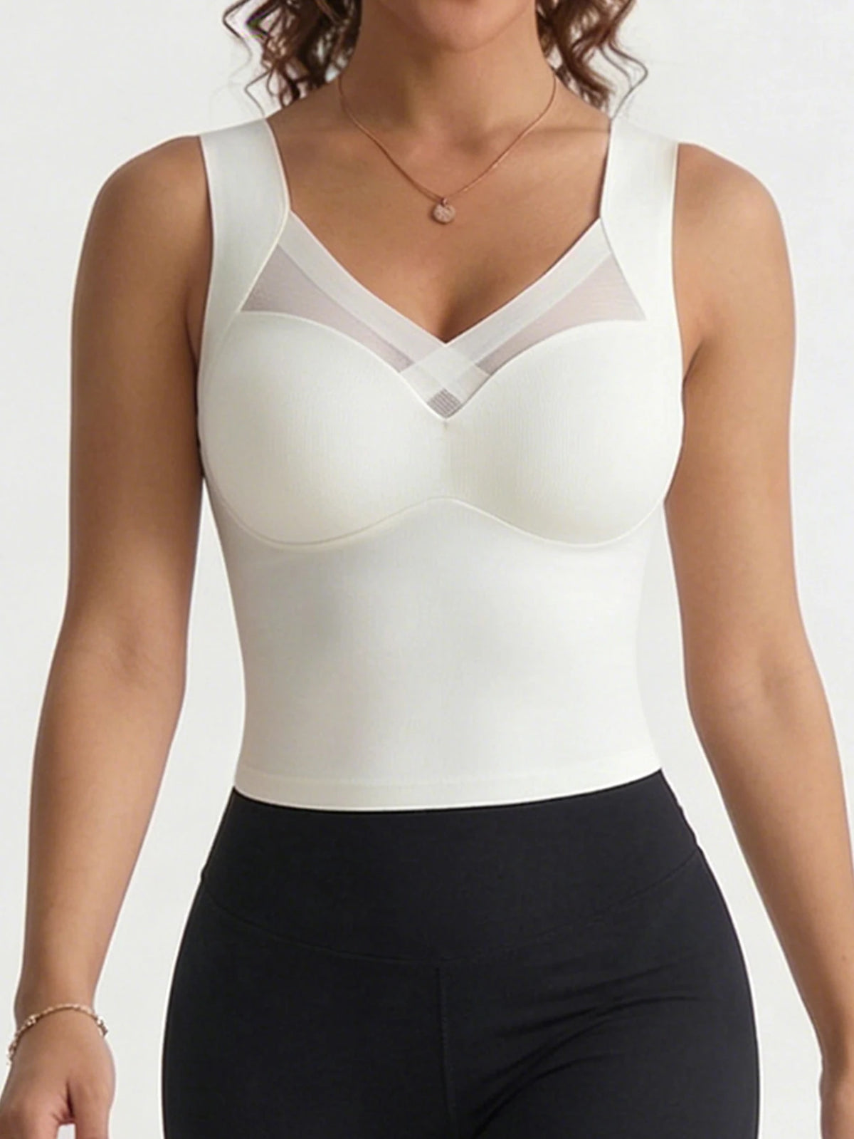 Yoga Sports Bra Elegant Wireless Fixed Cup Tank Bra Front Crisscross Mesh Seamless Back for Daily Party Dating Outfits