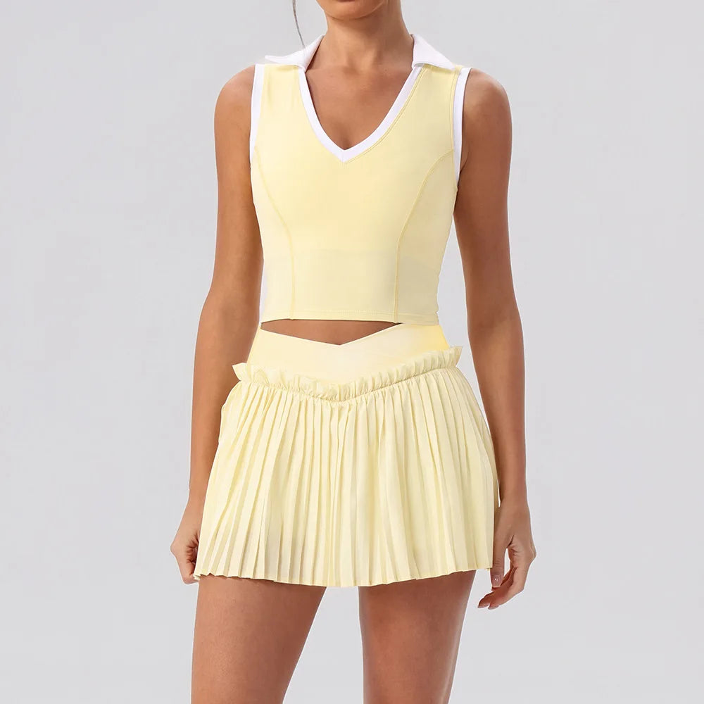 Tight Yoga Sets Women's Tracksuit Sexy Color Contrast Hollow Out Sports Bra High Waist Pleate Tennis Short Skirt Fitness Suits