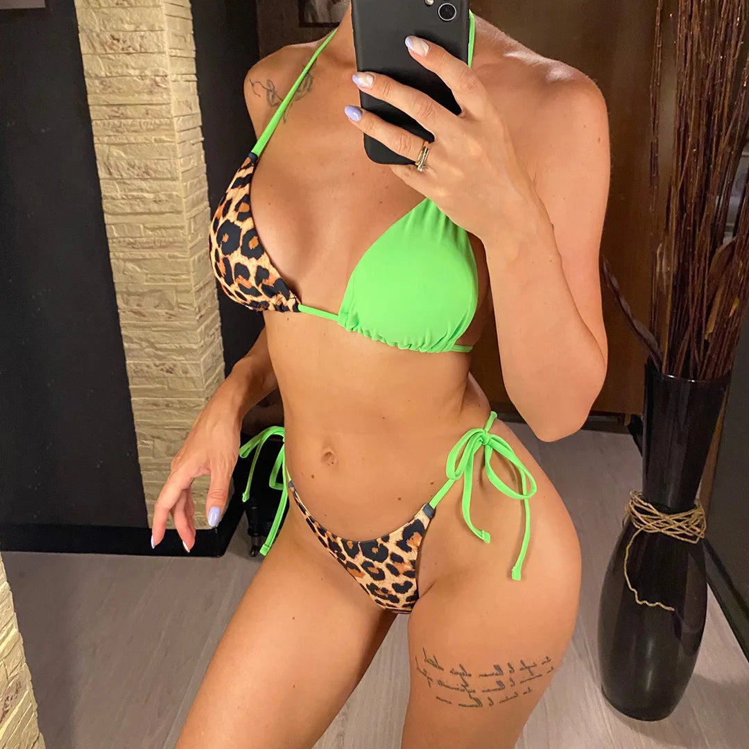 XS - L 8 Color Splicing Halter Leopard Bikini Female Swimsuit Women Swimwear Two-piece Bikini set Bather Bathing Suit Swim V3736