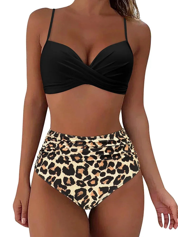Push Up Bikini Leopard Swimsuit Women Sexy Solid Swimwear Female Floral Bathing Suit Ruched Beachwear XL High Waist Bikini 2026