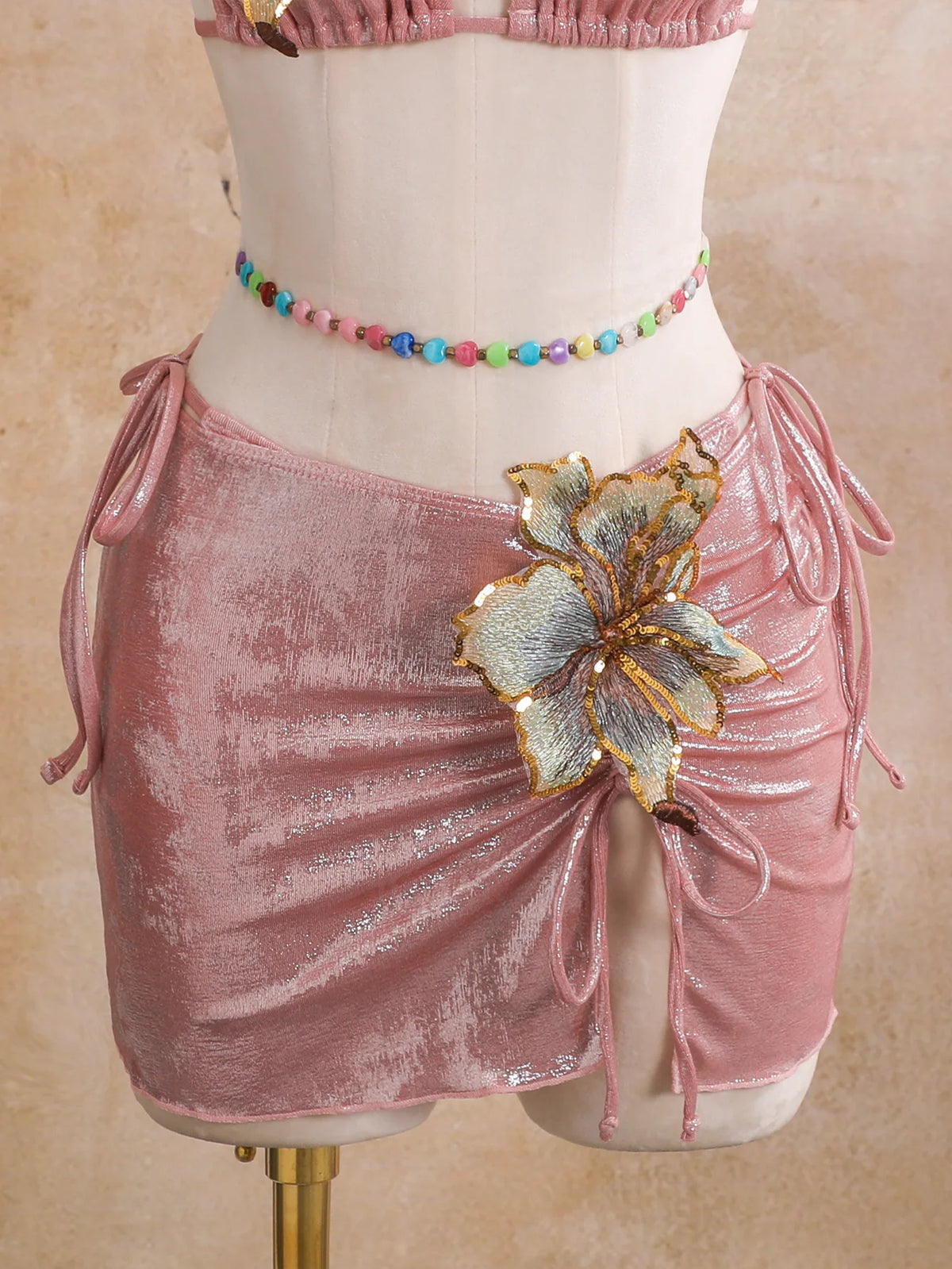 Women embroidery flower glitter metallic bikinis sets 3pcs with split mini skirt swimsuit bathing suit beach outfits biquini