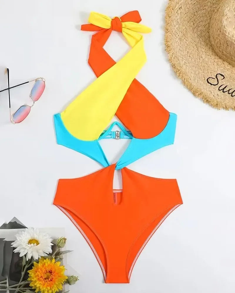 Sexy Constrast Color Swimwear Women Halter Cross Underwire Cut Out One Piece Swimsuit Bathing Suit Hot Pink Patchwork Bikini