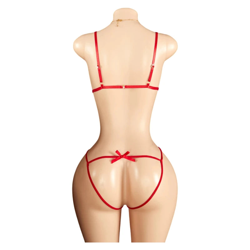 Sexy Red Crotchless Lingerie Open Back Bras BodySuits Transparent Erotic Costumes Deep VSexy Lace Fishnet Hollow Underwear Set