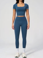 2PC Color Contrast Yoga Suit Women Short Sleeve Square Collar Slim Sports Top Fitness Suits Outdoor Exercise Leggings Tracksuit