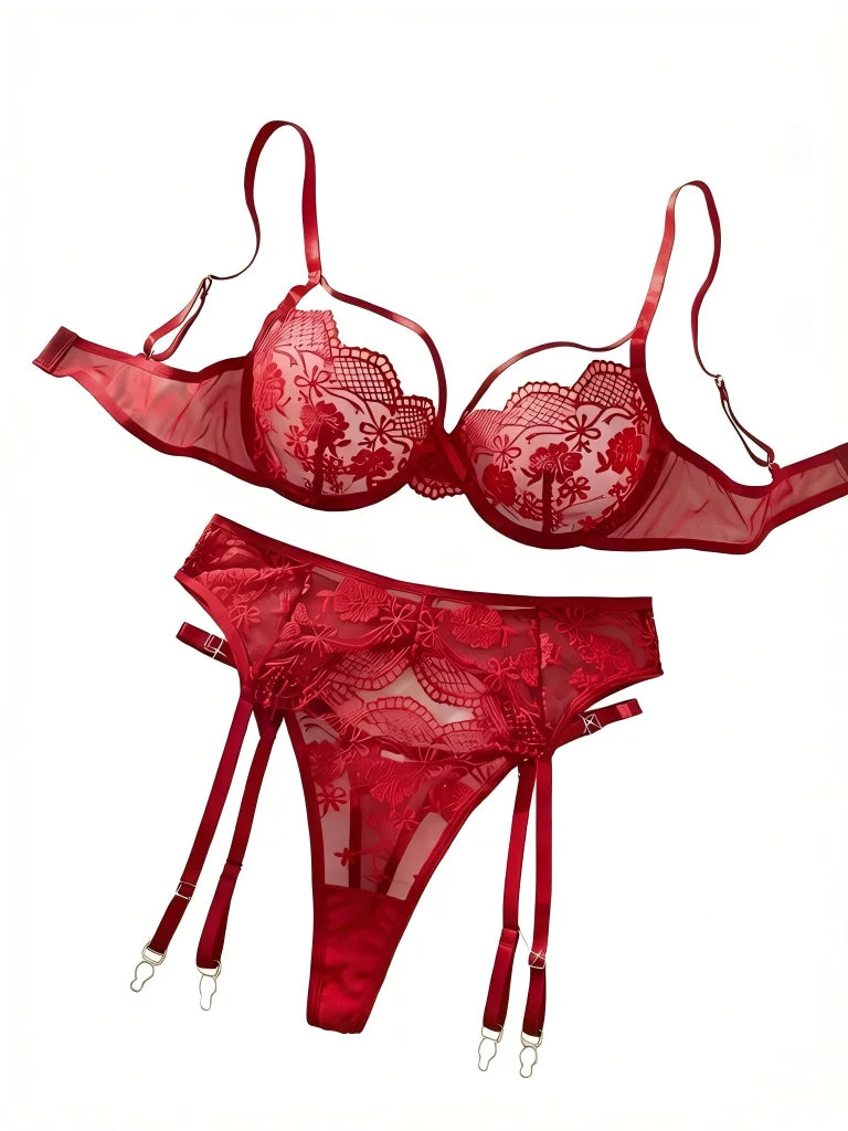 Red French Lace Embroidery Bra Set with Garter Belt Three-Piece Ensemble Sexy Underwear for Women