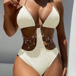 Woman Bikini Triangle Top Ribbed Fabric Black Bikinis Side Cutout Chain Detail Swimsuit High Cut Bottom Belly Chain Beachwear