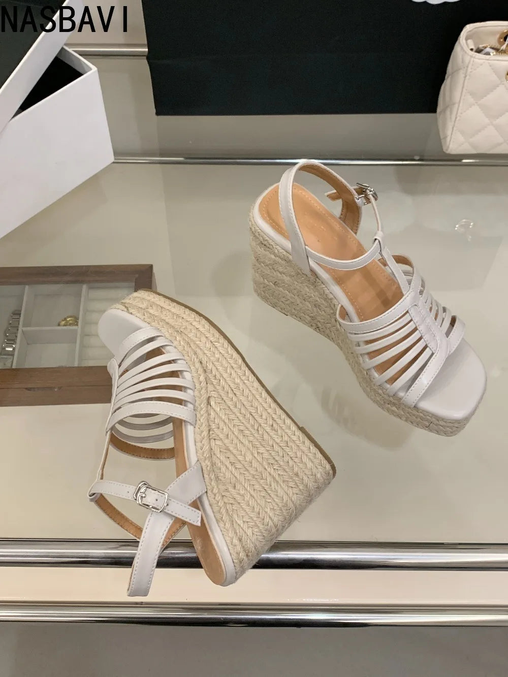 9cm Heeled Wedges Ankle Sandals Black Dress Shoes for Women T-Strap Silver Chunky Heels Summer Platform Bohemia Sandals 2026