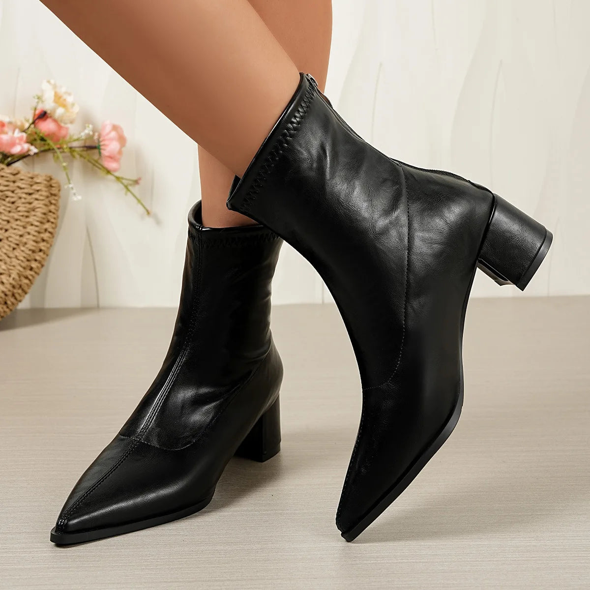 2026 New Vintage Thick Heels Women Slim Ankle Boots Autumn Winter Pointed Toe Stripper Party Short Booties Zapatos De Mujer