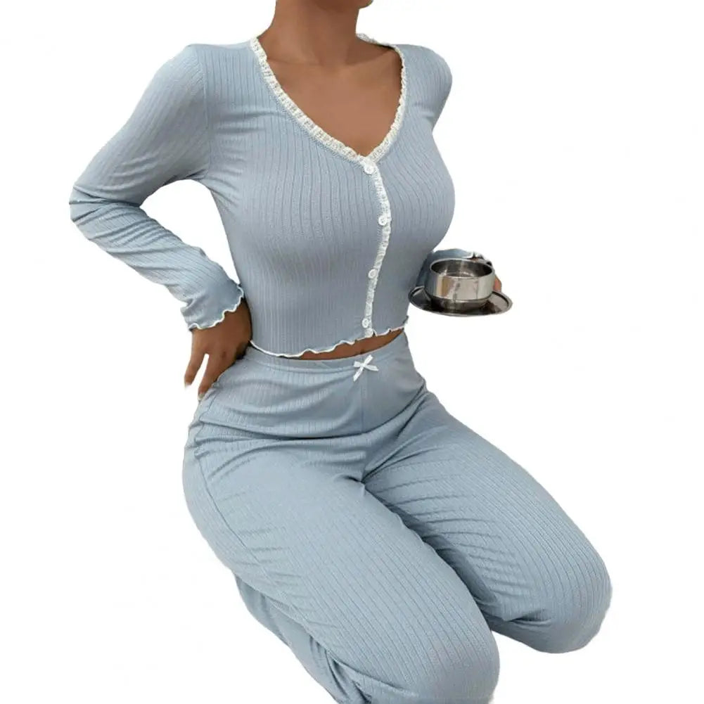 Womens Lace Trim Ribbed Knit Pajamas Set Long Sleeve Crop Top Wide Leg Pants Lounge Set 2 Piece Sleepwear