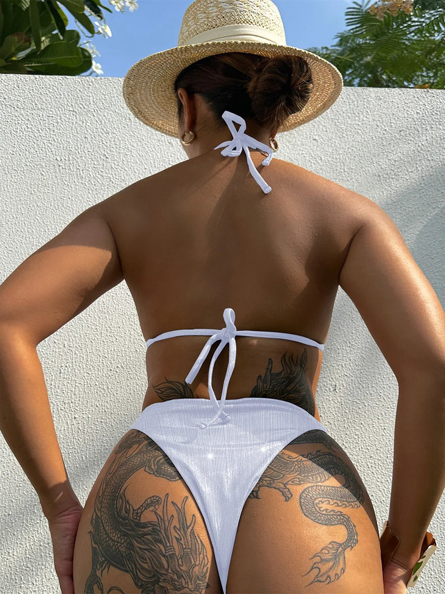 Shiny Metal Chains Rhinestone Diamond Bikini Female Swimsuit Women Swimwear Two-pieces Bikini Set Halter Bathing Suit Swim Lady