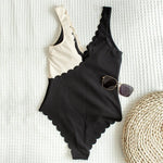 New Sexy Scalloped Splicing High Cut One Piece Swimsuit Women Swimwear Female Ribbed Bather Bathing Suit Swim Lady V2425