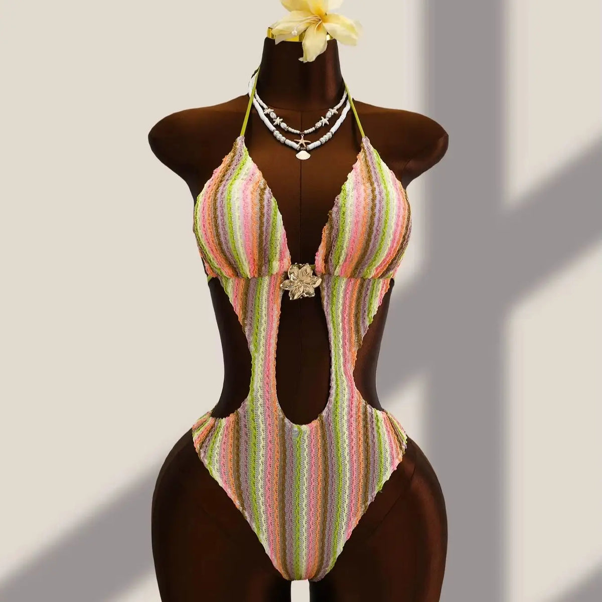DEKA Striped Deep V Neck Halter One Piece Swimsuit Women Backless Swimwear Female High Leg Cut Monokini Bather Bathing Suit Swim