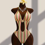 DEKA Striped Deep V Neck Halter One Piece Swimsuit Women Backless Swimwear Female High Leg Cut Monokini Bather Bathing Suit Swim