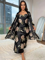 Large size sleepwear women's long imitation silk sexy nightgown set, fashionable and casual loose printed sleepwear 2-piece set