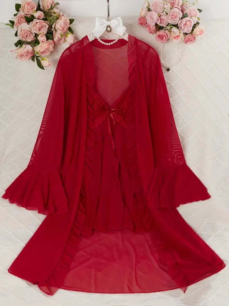 Pink Robe Set Underwear Sexy Lingerie Women's Kimono Gown Dress Perspective Nightdress Ruffles Bathrobe Summer Home Clothing