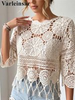 Half Sleeve Hollow Out Solid Crochet Knitted Tunic Beach Cover Up Cover-ups Beach Dress Beach Wear Beachwear Female Women V8401