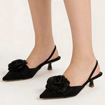 2026 Big Size 43 Summer Women's Pointy Toe Kitten Heels Slingback Satin Sandals Elegant Sandal Rose Flower Office Lady Shoes