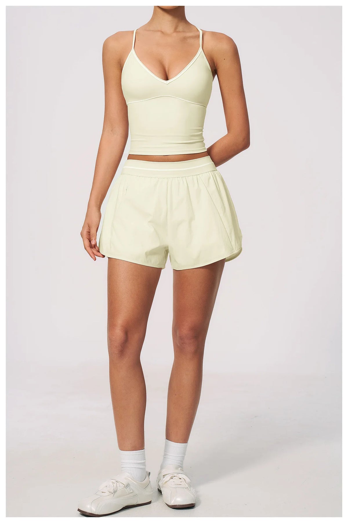 New Brushed Sports Shorts Women High Waist Fake Two Pieces of Anti Glare Shorts Leggings Casual Loose Pocket Fitness Sportwear