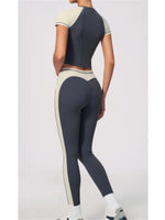 Nake Yoga Set Women's Tracksuit Color Contrast Short Sleeve Slim Sports T Shirts High Waist Leggings Fitness Clothes Gym Outfits