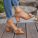 Women's Bowknot Ankle Strap Block Heel Pointed Toe Pumps for Wedding Party
