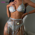 DEKA Shiny Sequins Tassels Bikini Set 3 Pcs Bathing Suit Multi Solid Color Lace Up Halter Neck Swimming Backless Swimsuit
