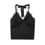 Women's Fashionable Casual Lace Halter V-Neck Double-Sided Satin Short Backless Solid Color Camisole For Woman Lace Trimmed 8BZO