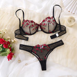 Black Red Rose Embroidery Lingerie Set Women Sheer Mesh Push Up Bra And Thong 2 Piece Sexy Transparent Lace Underwear ZA824026