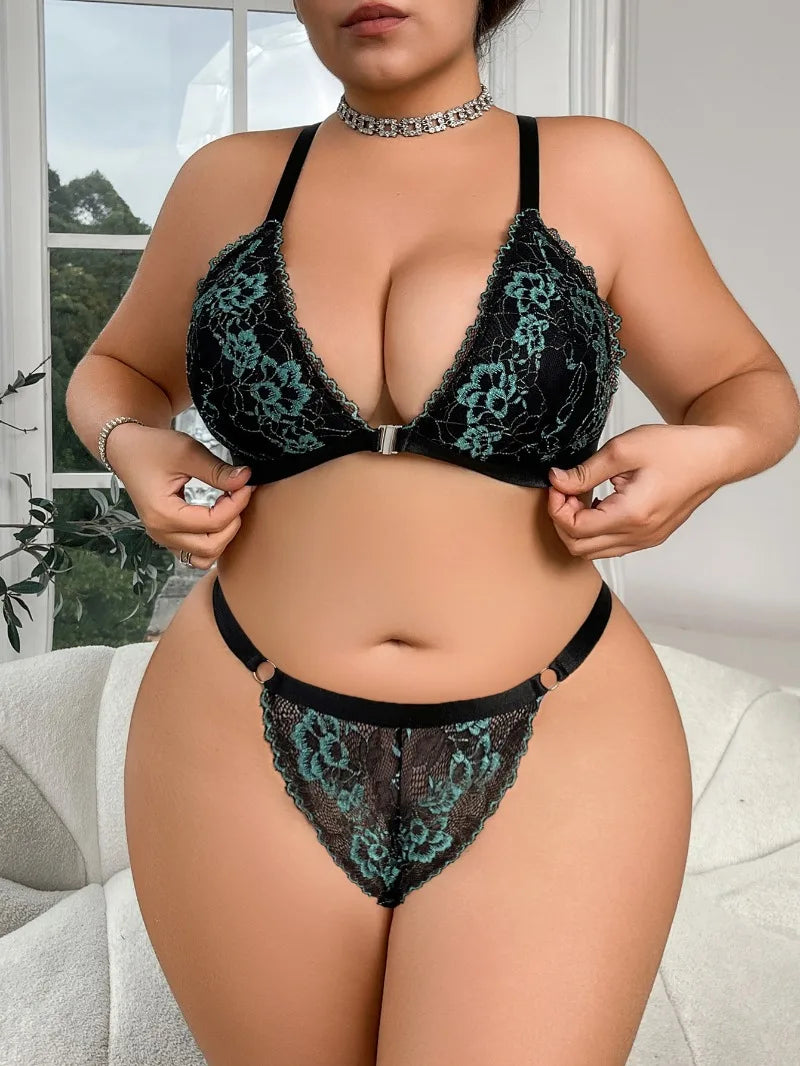 Women's Plus Size Lingerie Sexy Lace Edge Bras and Pants Two-piece Comfortable Gathering Large Underwear Front-button Bra Sets