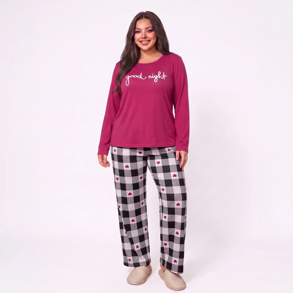 Women Plus Size Milk Silk Pajama Set Plaid Letter Print Long Sleeve Autumn Winter Ladies Casual Home Sleepwear