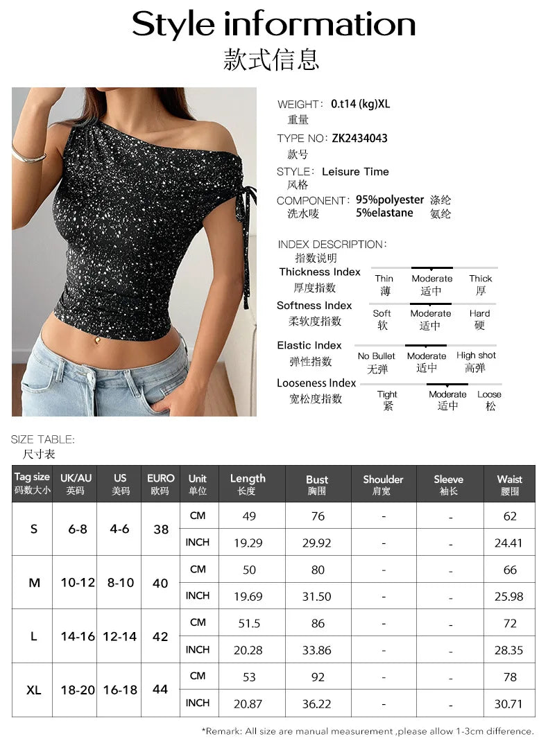 Phantasy Women's One Shoulder Sequin Sparkly Tops Sleeveless Asymmetrical Vest Fashion Y2K T-Shirt Women's Vestido 2025 Summer