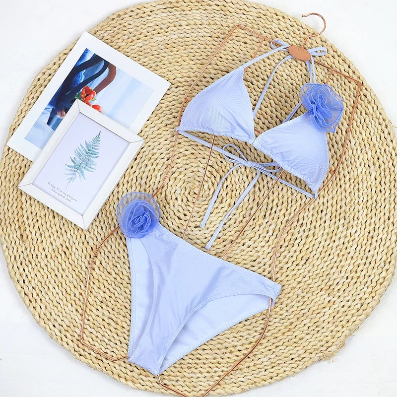 3D Floral Print Brazilian Micro Bikini Set Solid Color Sexy Women's Biquini Beachwear Swimming Suit for 2025