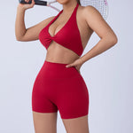 2PCS Nude Sexy Yoga Set Halter Neck Sports Bra And Shorts Breathable Fitness Training Underwear Slimming Beautiful Back Design