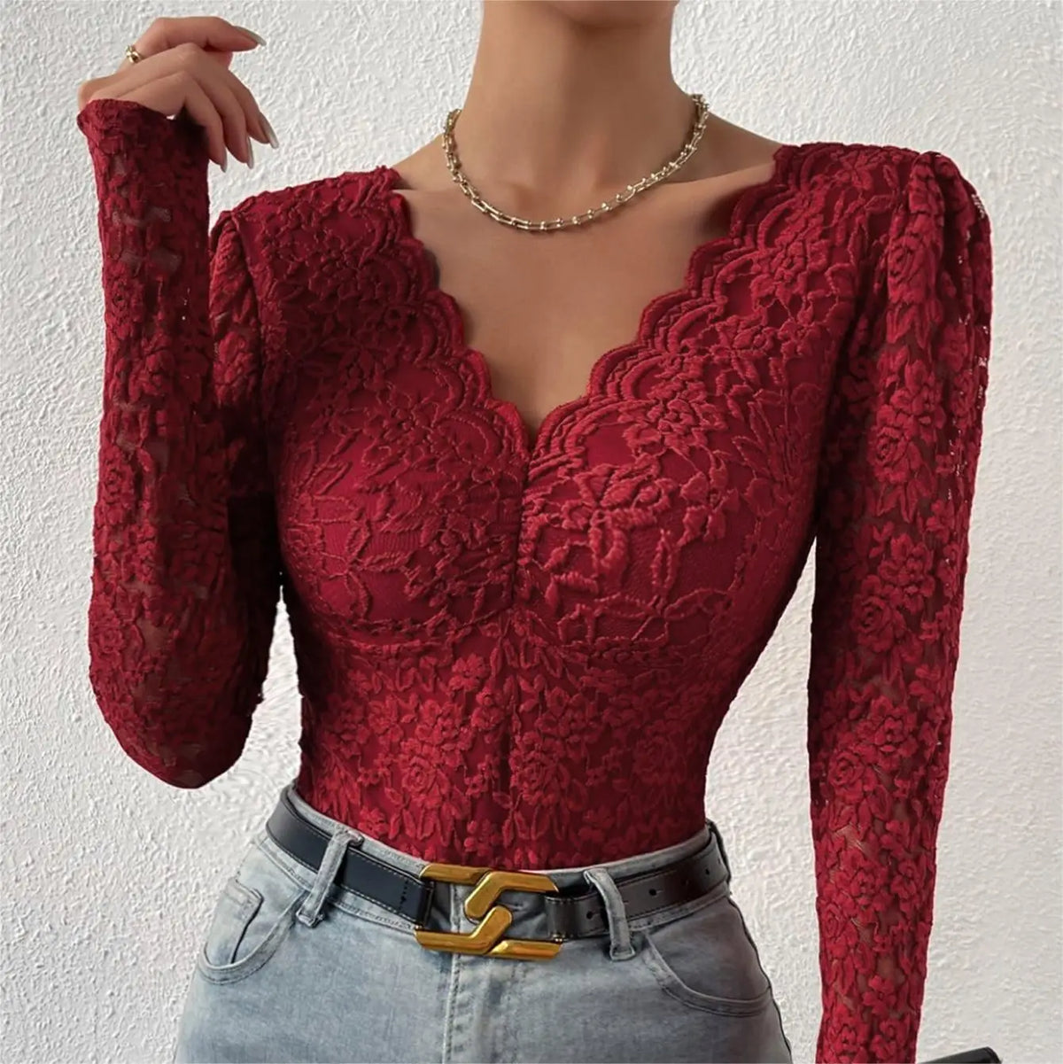 Sexy White Lace Bodysuit Women Solid Color Long Sleeve Sheer Corset Top Autumn Ruffles V Neck See Thourgh Slim Fit Jumpsuit