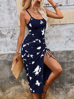 Women's Navy Blue Printed Spaghetti-Strap Split Dress for Spring and Summer
