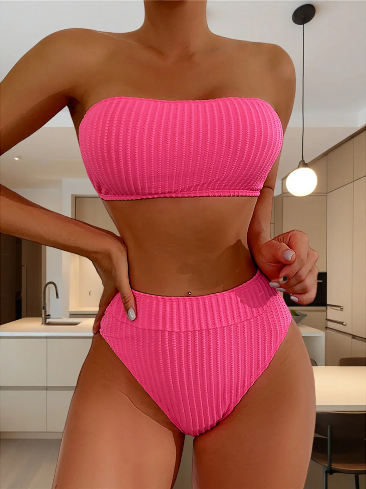 S - XL Bandeau Wrinkled Female Swimsuit High Waist Bikini Women Swimwear Two-Pieces Bikini Set Bather Bathing Suit Swim V5904