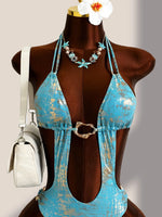Sexy Blue Brozing Gradient One Piece Swimsuit Holiday Swimwear Women 2026 Metal Chain Hollow Out Backless Bandage Thong Bikini