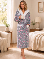 Women New Winter Flannel Hooded Robe Heart Print Thick Warm Long Home Bathrobe Cozy Belted Casual Sleepwear Loungewear